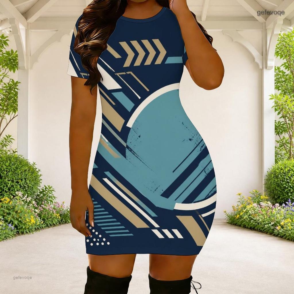 Women Plus Size Round Neck Short Sleeve Abstract Printed Fitted Mini Dress