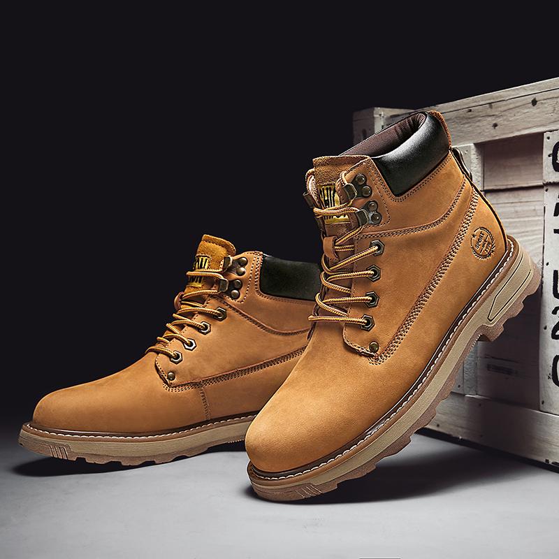 Fashion Outdoor Leather Mens Slip On Boots Platform Shoes Luxury Brand Men Winter Plush Snow Boots Fashion All-match Men Motocross Boots
