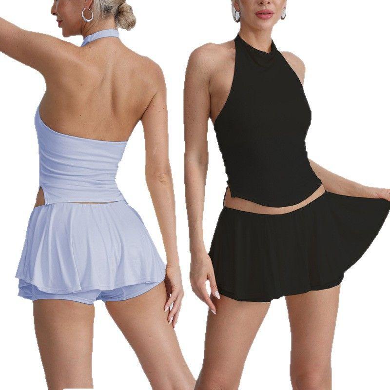 Foreign Trade Sports Fitness Includes Chest Pad Hanging Neck Yoga Beauty Back Running Top Anti-exposure Quick-Drying Tennis Short Dress Set