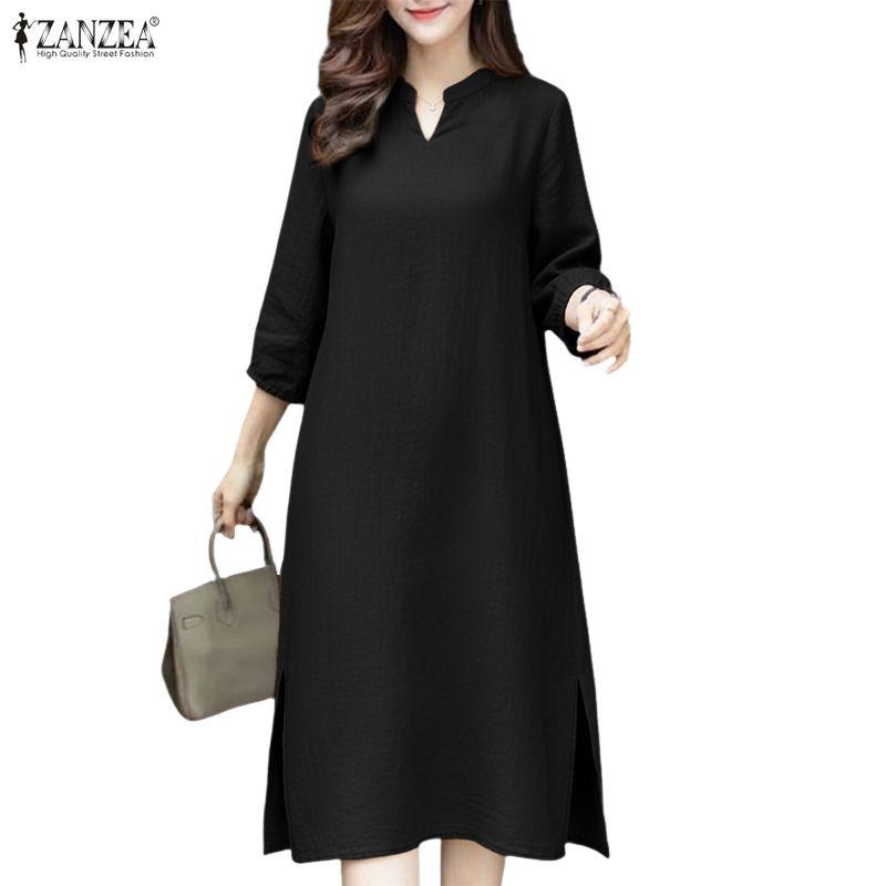 ZANZEA Women Casual V-Neck Solid Color 3/4 Sleeve Dress