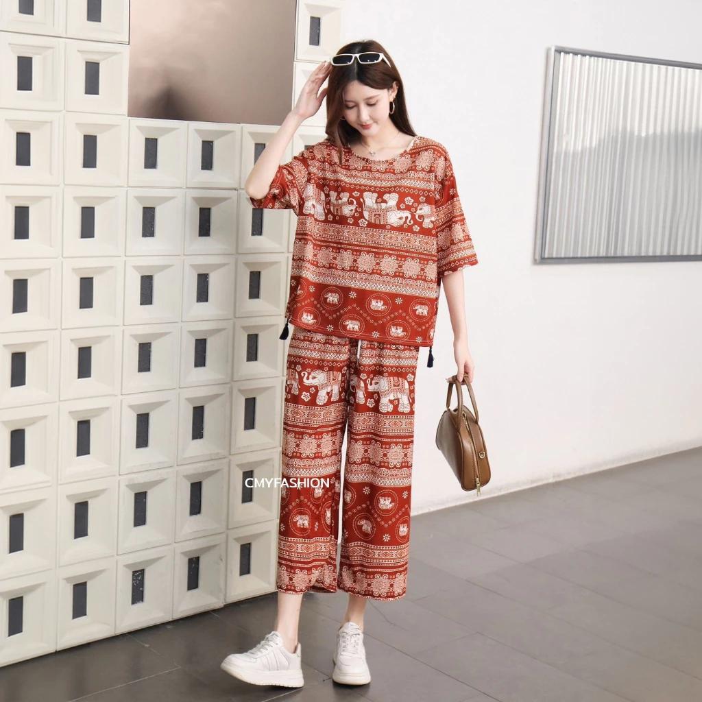 Słoń Spodnie Szorty Koszula Zestaw Okrągły Dekolt Krótki Rękaw Regulowany Elastyczny Pasek Pasek Kobiety Nadruk Casual Plaża Boho Bohemski Retro Vintage