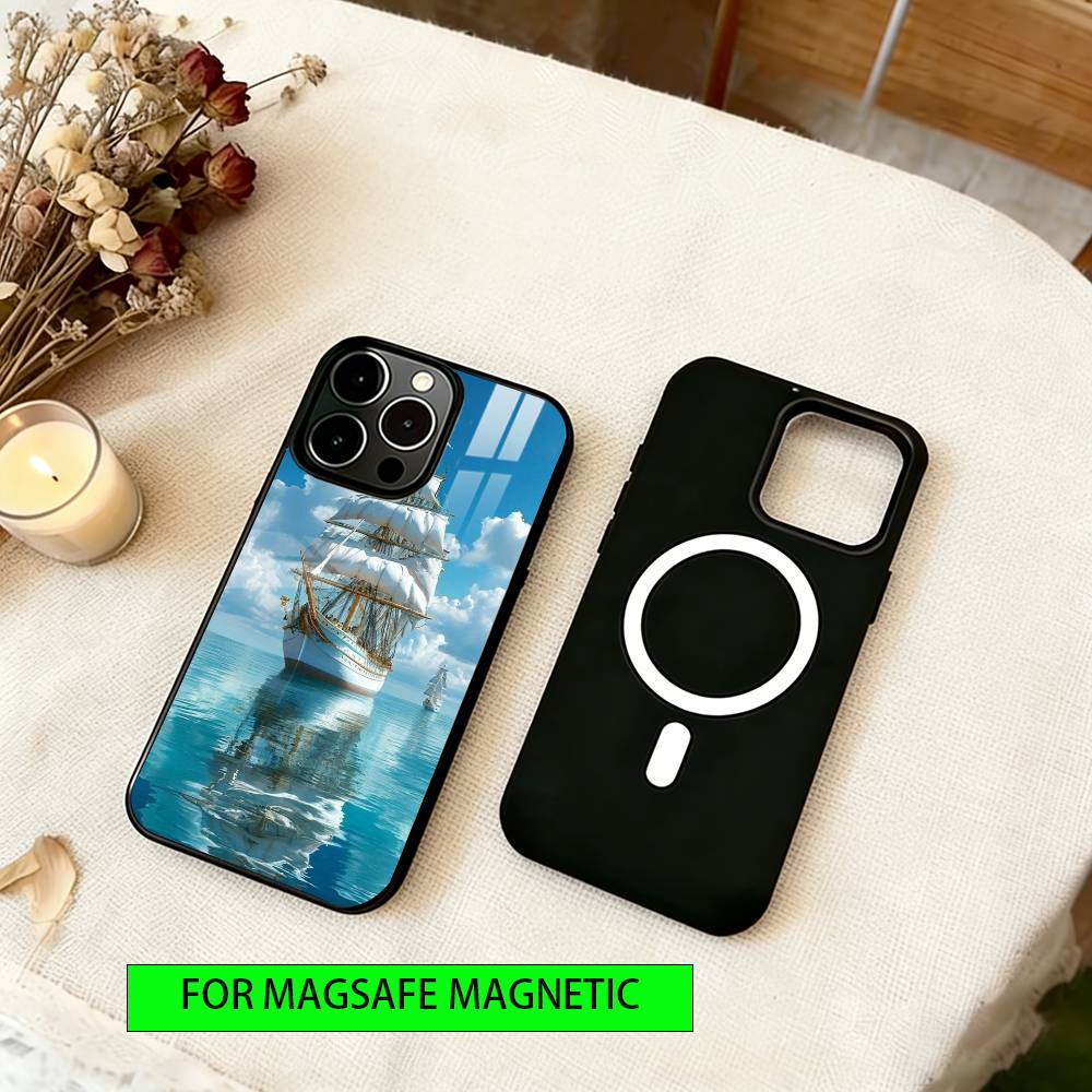 Sailing Ship Phone Case For iPhone17,16,15,14,13,12,11 Plus,Pro Magnetic For Magsafe Wireless Charging