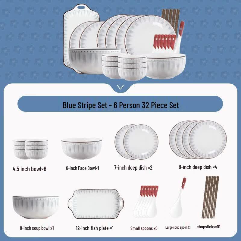 KANGMO Blue Line Ceramic Dinnerware Set, 32-Piece