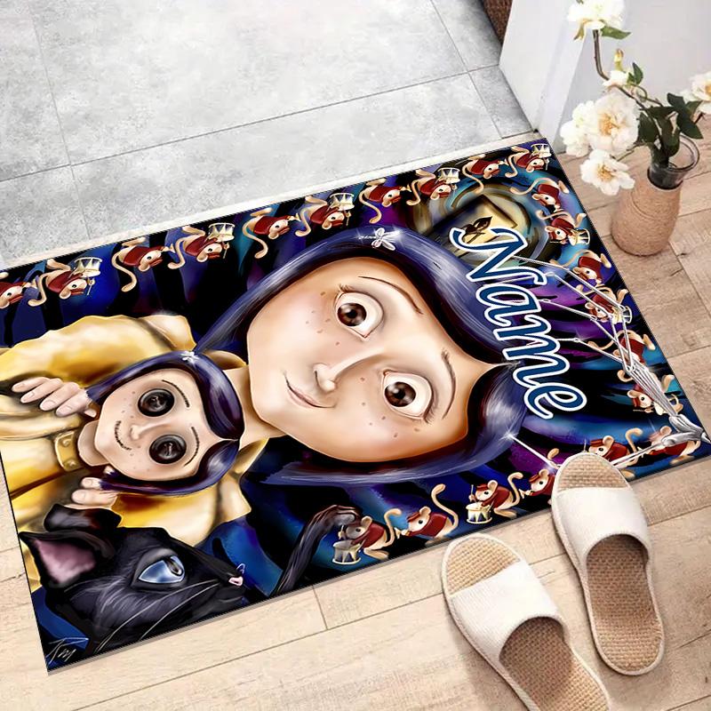 Custom Coraline Mat Personalized Name, Polyester Washable Indoor Entryway Rug, Gift for Christmas, Easter, Thanksgiving Day