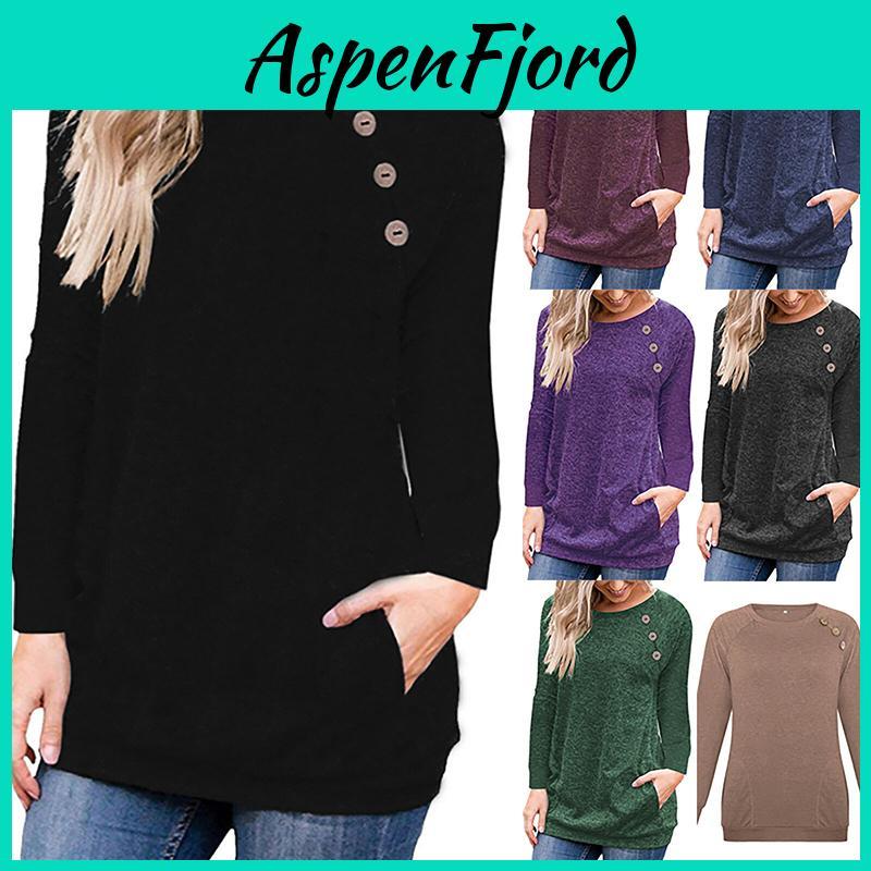 Trendy Women's Long Sleeve Pullover Sweater Featuring Button Decoration And Side Pockets