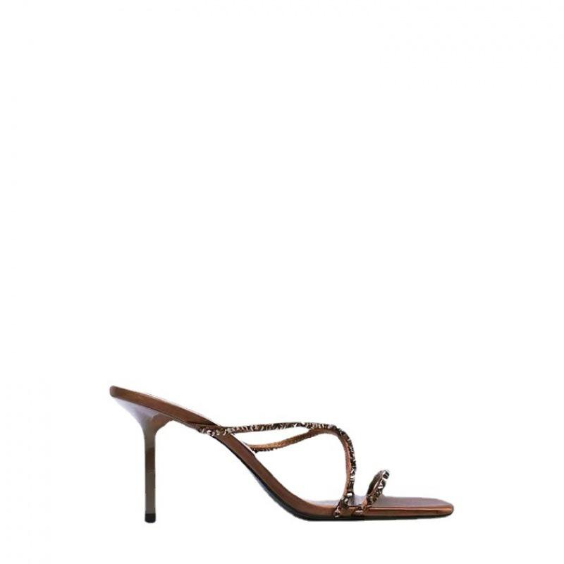 Women's Shoes 2025 New Square Head Rhinestone Beaded Temperament High Heels Open Toe Cross Strap Stiletto Sandals Women's Summer