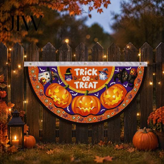 Reusable Holiday Porch Sign Halloween Semi Circle Bunting Banner, Pumpkin Bat Yard Decor, Decorative Fan Shaped Flags Spooky Festive Hanging Flag for