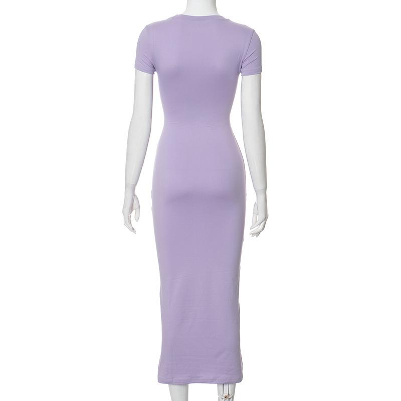 2024 Summer High Waist Long Dress For Women Short Sleeve Slim O Neck Basic Dresses Female Party Temperament Evening Elegant Solid Dress Femme