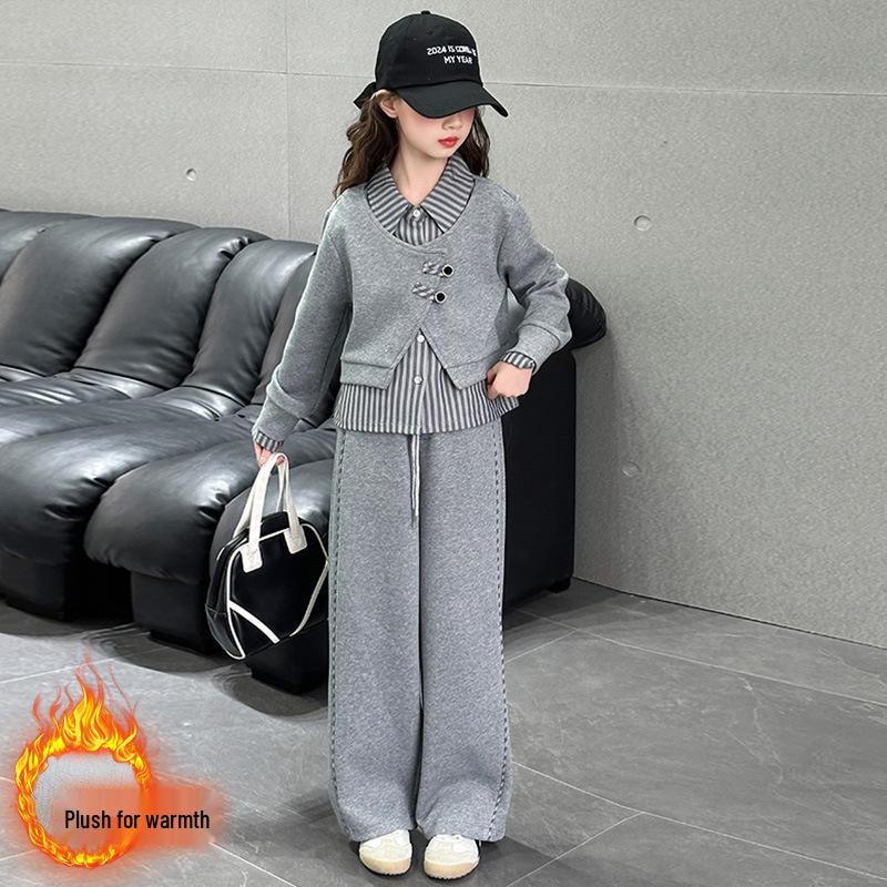 Girls' 2025 Fleece-Lined Set: Trendy Two-Piece Striped Top & Casual Pants for Autumn/Winter
