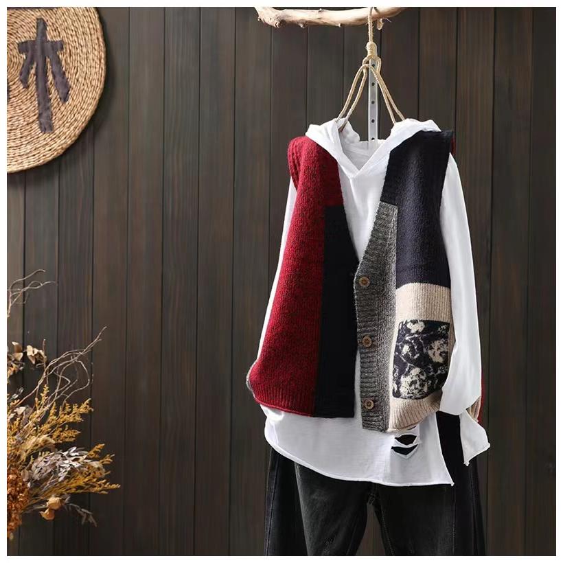 

Винтажный трикотажный жилет Женский кардиган Свободный крой Дизайнерская чувственность Нишевый свитер-жилет Женская верхняя одежда Плечевой жилет XXXL красный