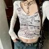 Women's Y2K Slim Fit V-Neck Letter Print Long Sleeve Crop Top