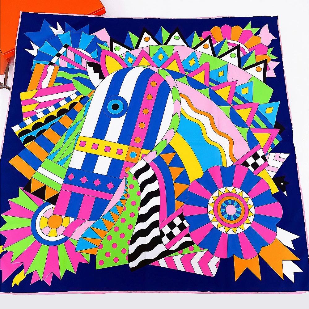 Bright Color 90CM Manual Hand Rolled Twill Silk Scarf Women Brand Colorful Horse Square Scarves Foulards Hijab