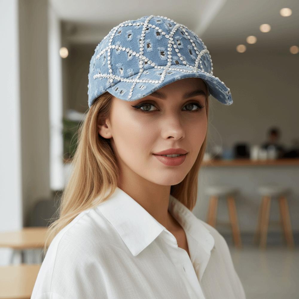 Sparkling Distressed Denim Baseball Caps Grid Sun Hats Fashion Rhinestone Baseball Cap for Women