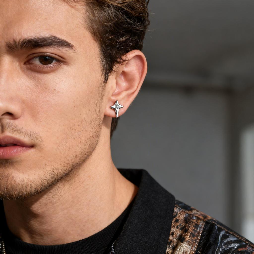 Vnox Four Pointed Star Stud Earrings for Men Women, Stainless Steel White Zircon Punk Hip Hop Pierced Jewelry Gold Silver Color