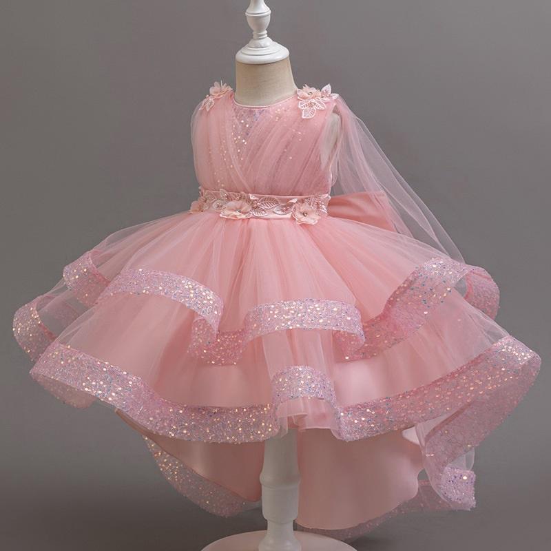 Pink Blue Purple Champagne Kids Sequined Tulle Princess Hi-Lo Dress