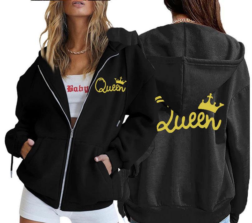 Felpa con Cappuccio e Tasca con Zip da Donna con Stampa Corona di Regina e Giacca Baseball.