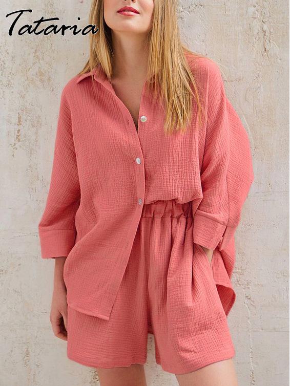 

Повседневный однотонный комплект из хлопка и льна: рубашка с длинным рукавом и шорты на резинке XXXL коралловый