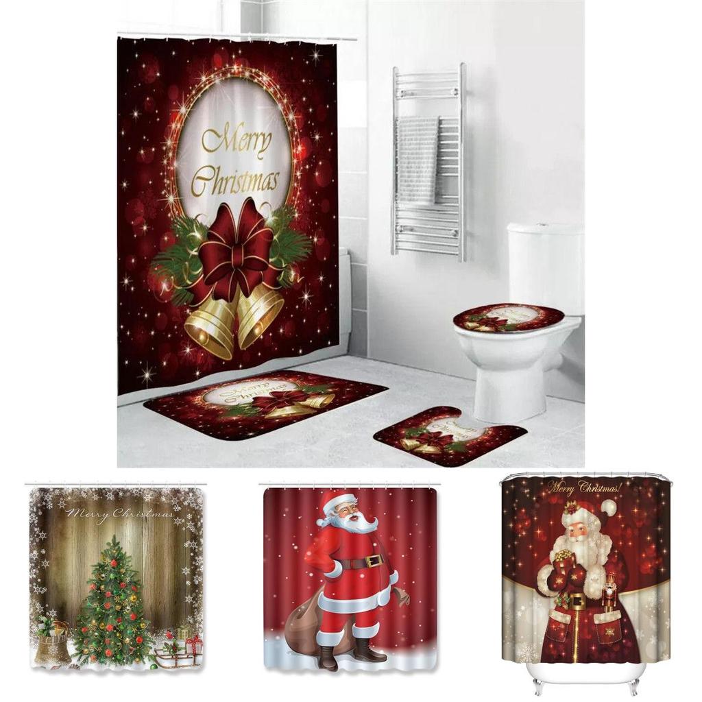 Beautiful 4pcs Christmas Shower Curtain And Toilet Cushion Set For Holiday Home Decoration