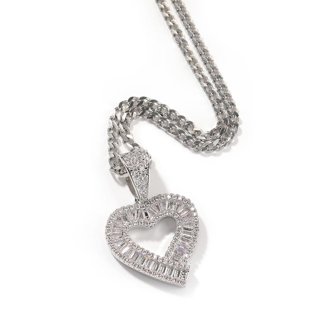 THE BLING KING Baguettecz Hollow Heart Pendant Box Chain Necklace Iced Out Cubic Zirconia Charm Engagement Jewelry For Gift
