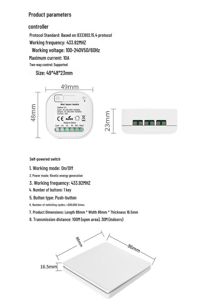 Smart Tuya Zigbee Wireless Light Switch, Self-Powered Kinetic Energy Remote with App Control
