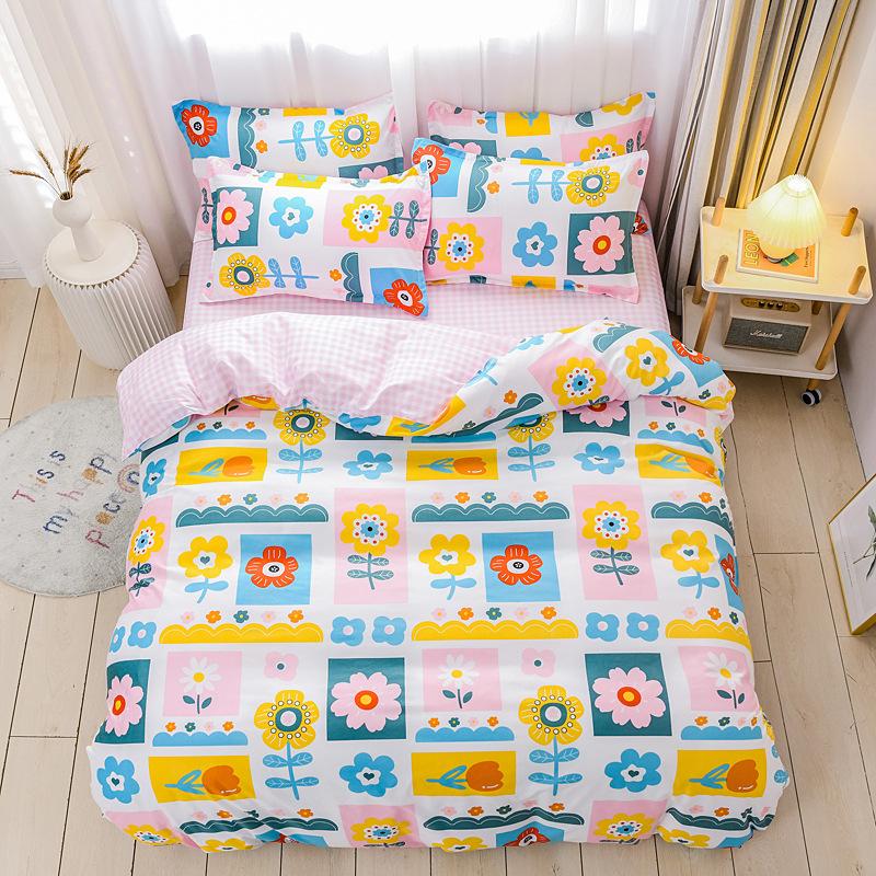 Medvilninis patalynės komplektas, 4 vnt. su užvalkalu, pagalvės užvalkalu Vaikams Pastoracinės gėlės patalynės komplektas su labai didele lova, dviejų lovų