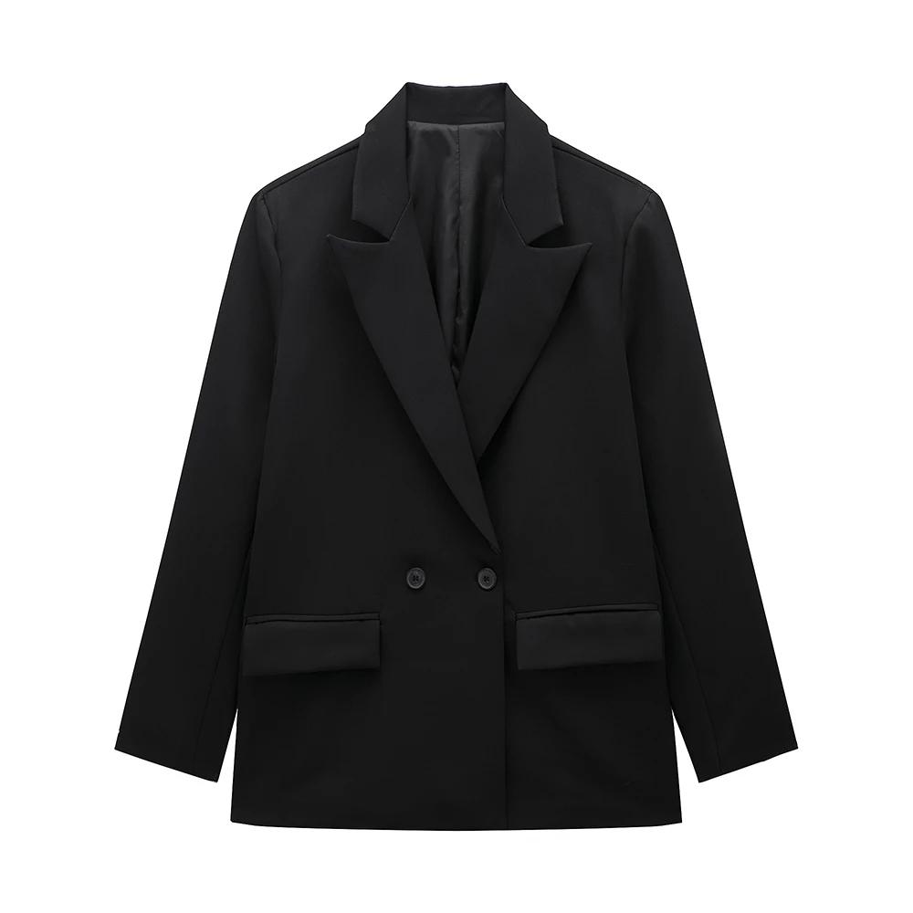 Modă Femei cu Buzunare Blazer Solid cu Piept Dublu Vintage Mâneci Lungi Guler Crestat Ținute Femei Doamnă de Birou