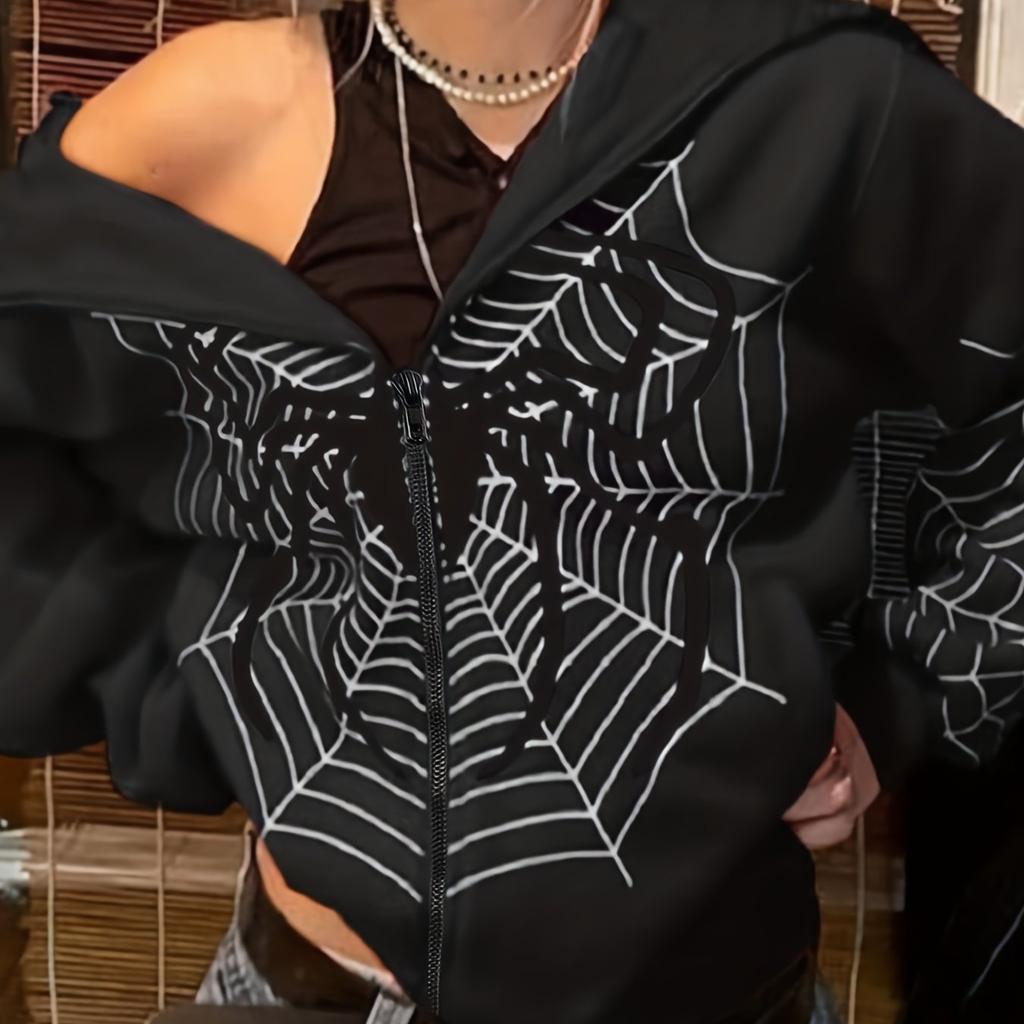 Y2K Fleece Hoodie für Damen – Spinnennetz-Print Lockerer Reißverschluss Kapuzen-Cardigan, Grunge Streetwear Oversized Sweatshirt weniger