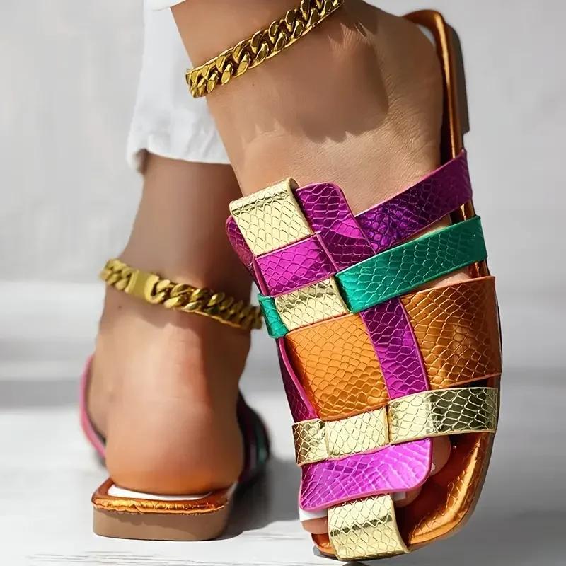 Hot - Selling Streetwear - Style Sandals | Colorful Snakeskin Woven Slides with Gold Cuban Anklets