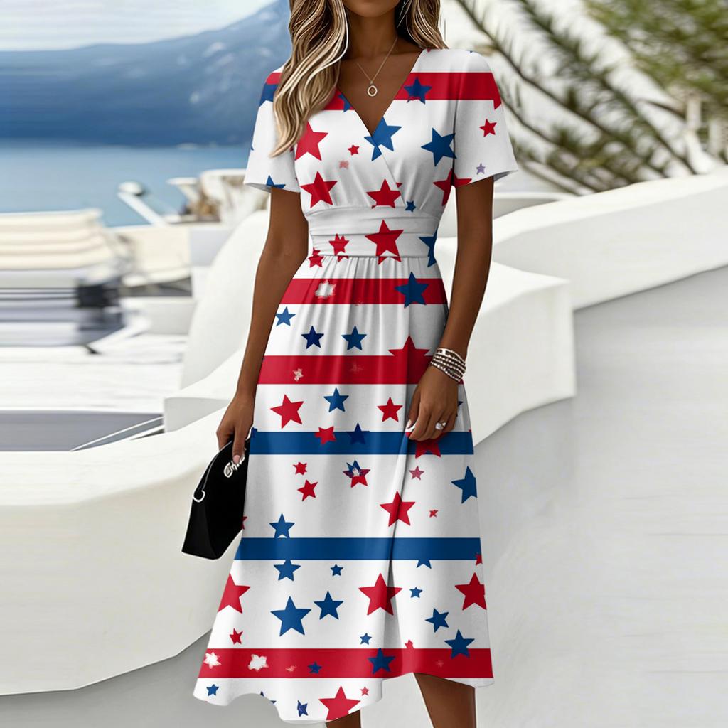 Women's Fashionable V Neck Short Sleeved Independent Day Print Casual Dress
