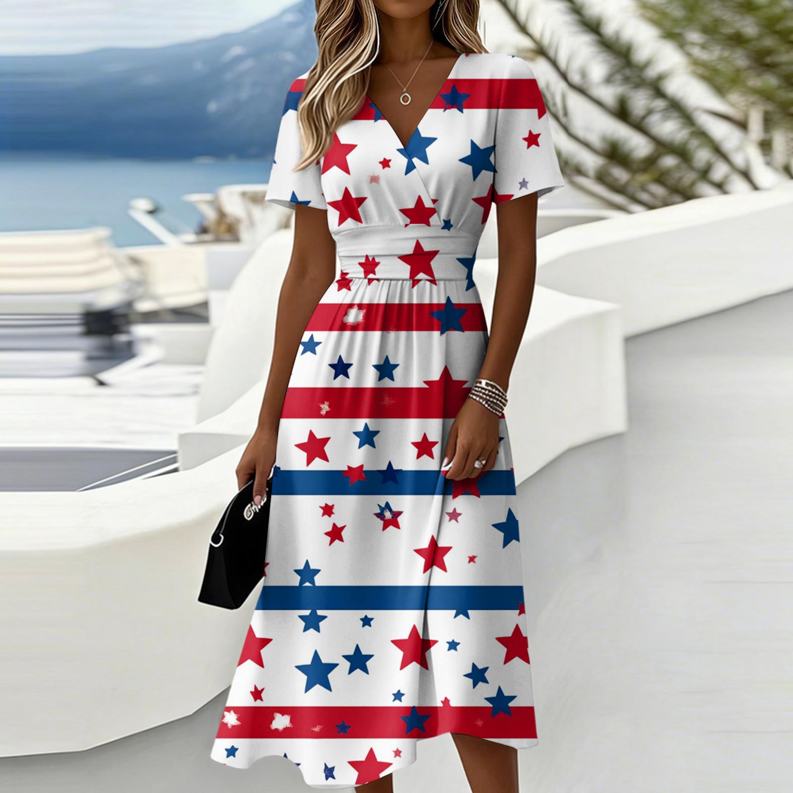 

Women s Fashionable V Neck Short Sleeved Independent Day Print Casual Dress XL