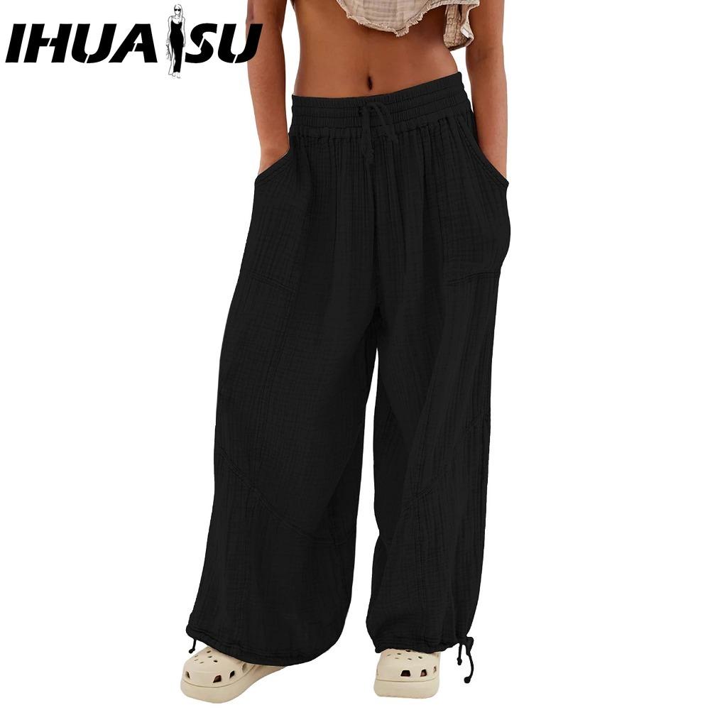 IHUASU Pantaloni Femei 8 Culori Talie Înaltă Elastică Pantaloni Largi cu Picior Larg Pantaloni Largi Adânci Vest Buzunare la Glezne Plisate Culoare Solidă Pantaloni Casual Moi pentru Doamne