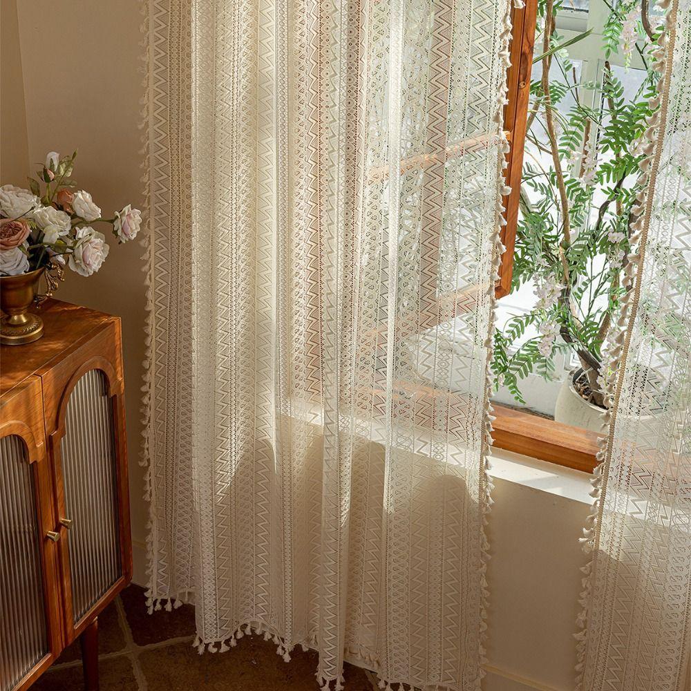 Boho Style Voile Tulle Curtains 140m Tassels Curtain Lace Window Screening Home Decor