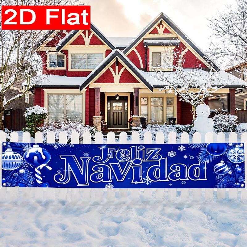 Spanish White Merry Christmas Christmas Yard Banner, Polyester Outdoor Fence Decor Garden Sign