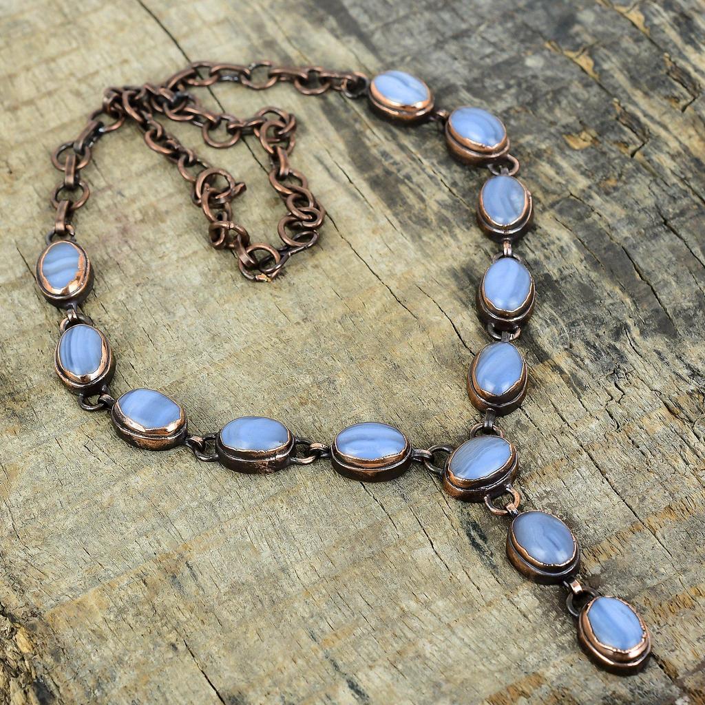 Blue lace agate necklace electroformed copper necklace handmade gemstone jewelry adjustable chain necklace antique jewelry gifts for mother