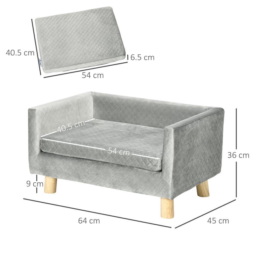 Scandinavian Style Dog and Cat Sofa with Upholstered Velvet and Wood Cushion, 64x45x36cm, Grey