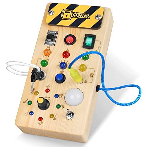 Montessori Wooden Toddler/Baby Busy Board with 8 LED Light Switches, Sensory Toy, Travel Toy for Babies and Toddlers Ages 1+