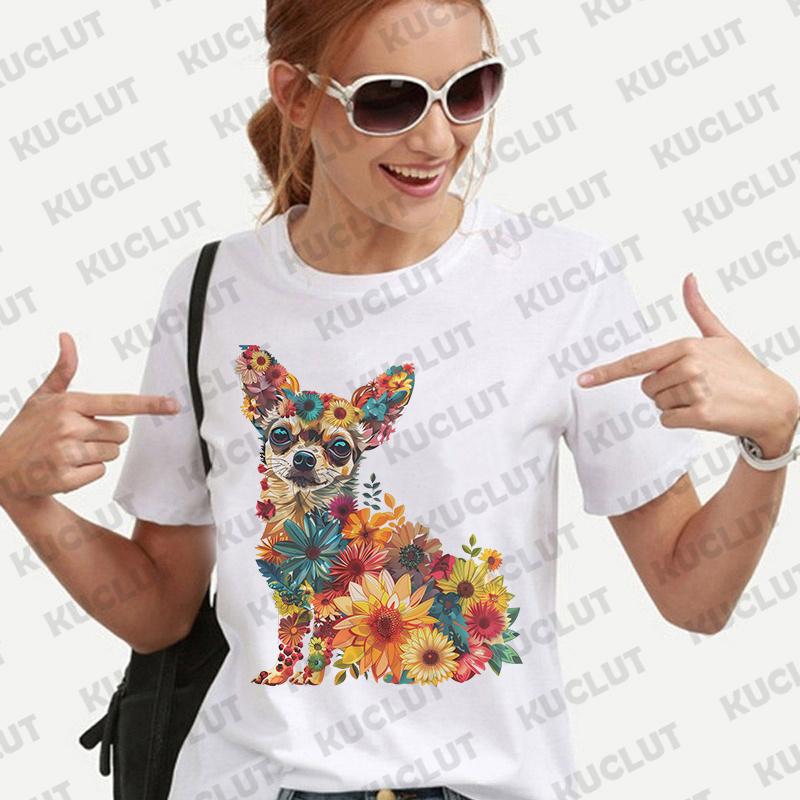 Dámské tričko s květinovým vzorem a čivavou, módní halenka s krátkým rukávem, Harajuku Ulzzang letní Y2k topy, dámské estetické oblečení