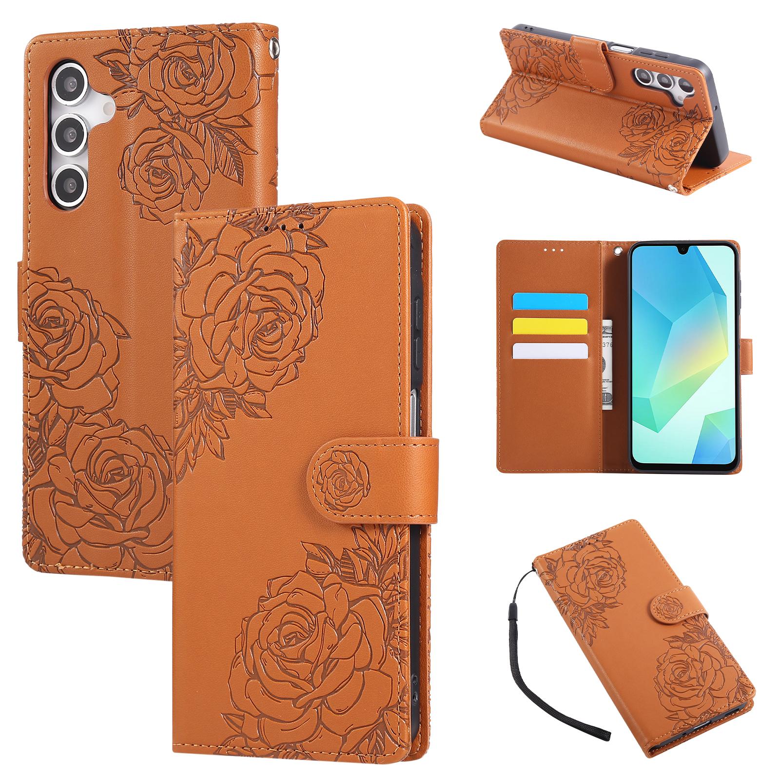 

For Samsung Galaxy S25 FE Case Rose Flower PU Leather Wallet Phone Cover with 3 Card Slots/Wrist Strap Brown
