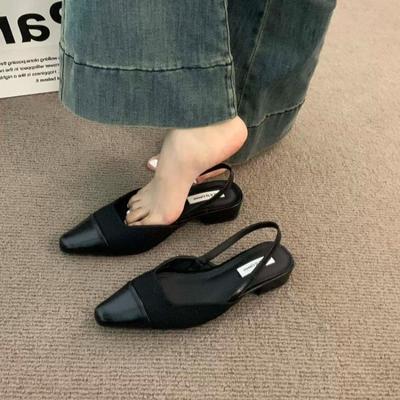Niedrige Absätze Baotou Sandalen Damen Französische Nude-Farbe Spitz Kleine Duftender Stil Slingback Dicke Absätze Rücken Luft Stil Einzelne Schuhe