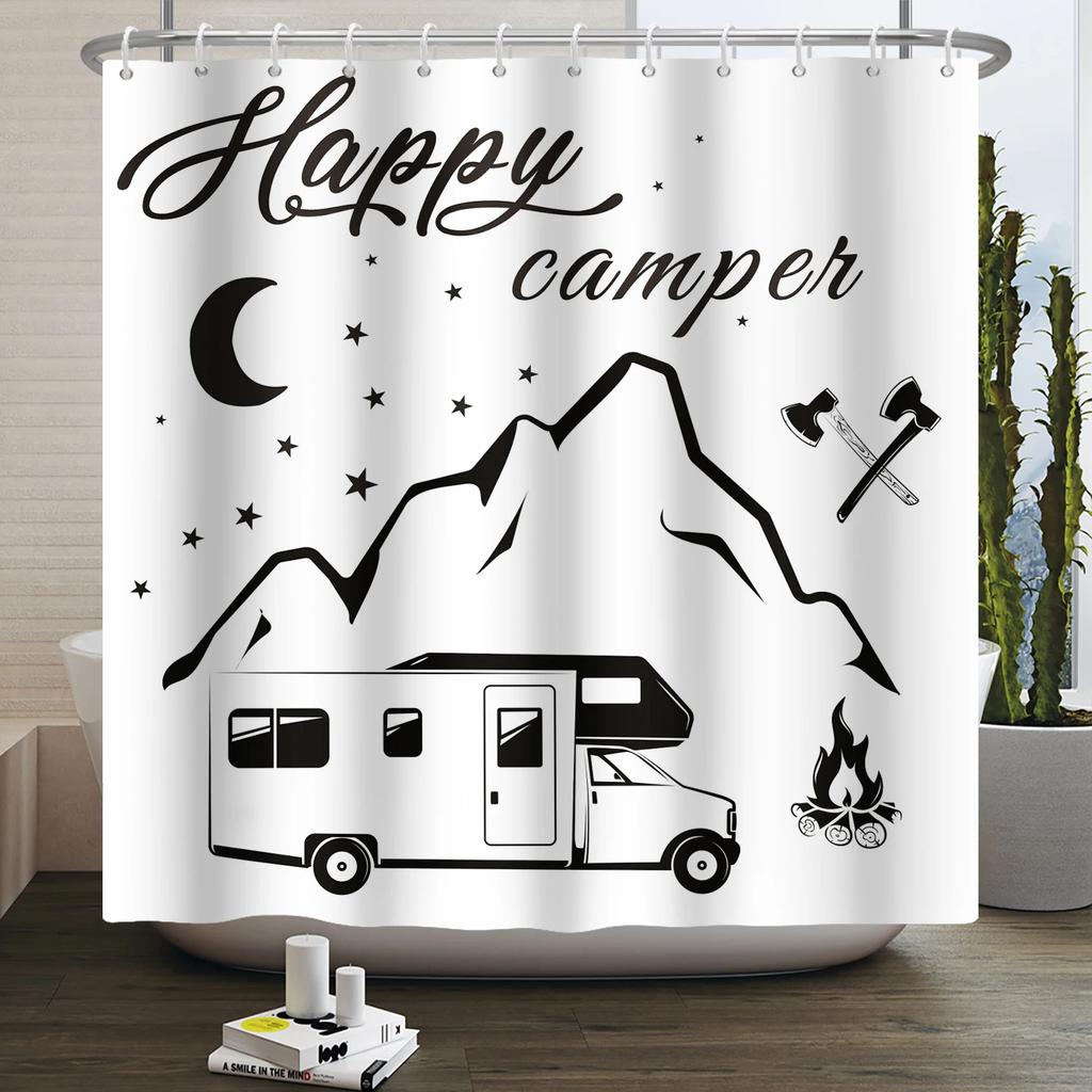 Camper Shower Curtain Happy Camper Trailer Car Rv Forest Mountain Tent Camping Bathroom Shower Curtain Waterproof Bath Curtain