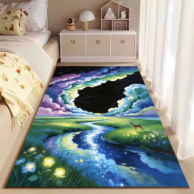 "Colorful River Landscape Carpet with Night Sky and Deer Pattern" Suitable for Use As an Anti-slip for Living Room Bedroom Sofas