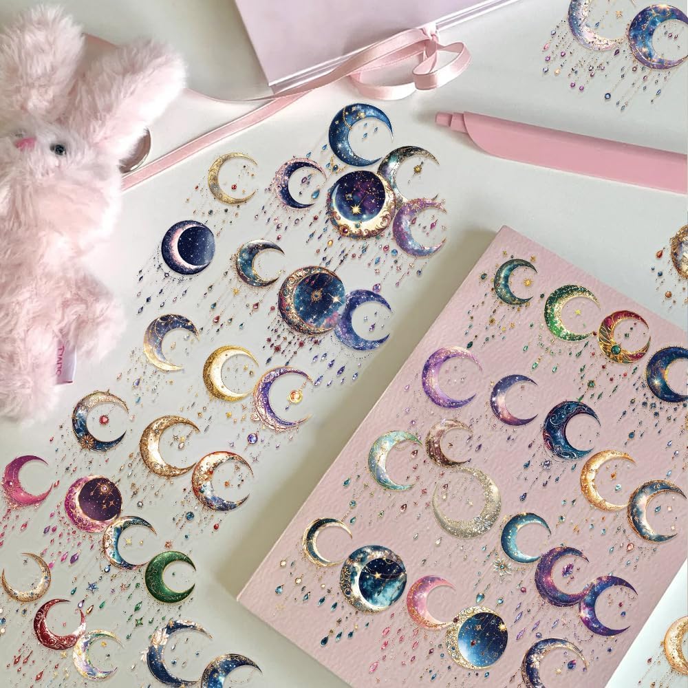 Dreamy Moon Crystal Gem Scrapbook Stickers 50 Clear Vinyl Decals Featuring and Beautiful Moon Phase Stickers Perfect for and - Pieces, Stars,
