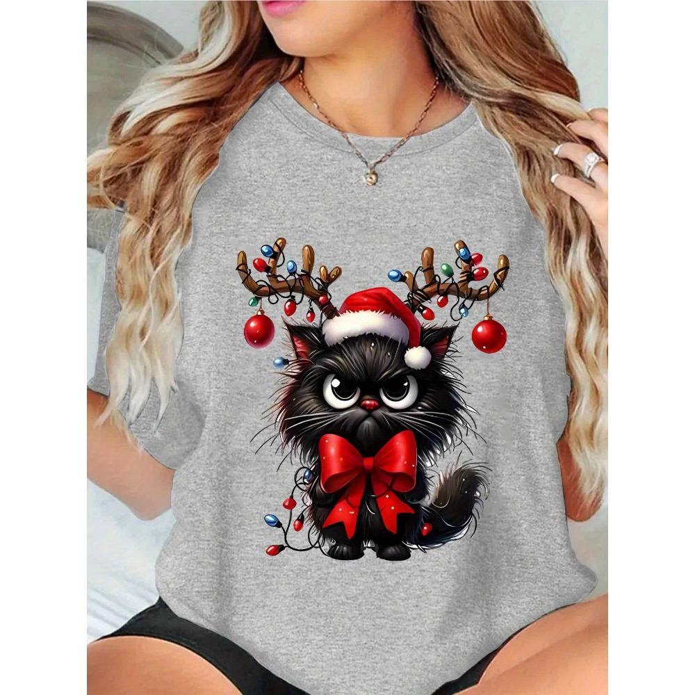 Damen Weihnachts-Katzen-T-Shirt Entzückend mit Weihnachtsmütze und Geweih Perfekt für Weihnachtsfeiern und Alltagskleidung