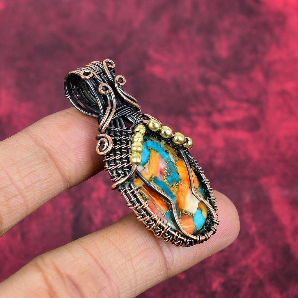 Spiny oyster copper turquoise pendant copper wire wrapped Jewelry natural gemstone pendant copper jewelry gifts for mother handmade jewelry