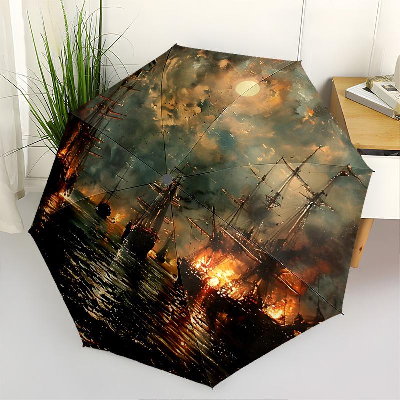 

Naval battle, Moonlit sea Themed Automatic Opening and Closing Umbrella, Brightly Colored 8-rib Portable Umbrella, Suitable for Men and Wome