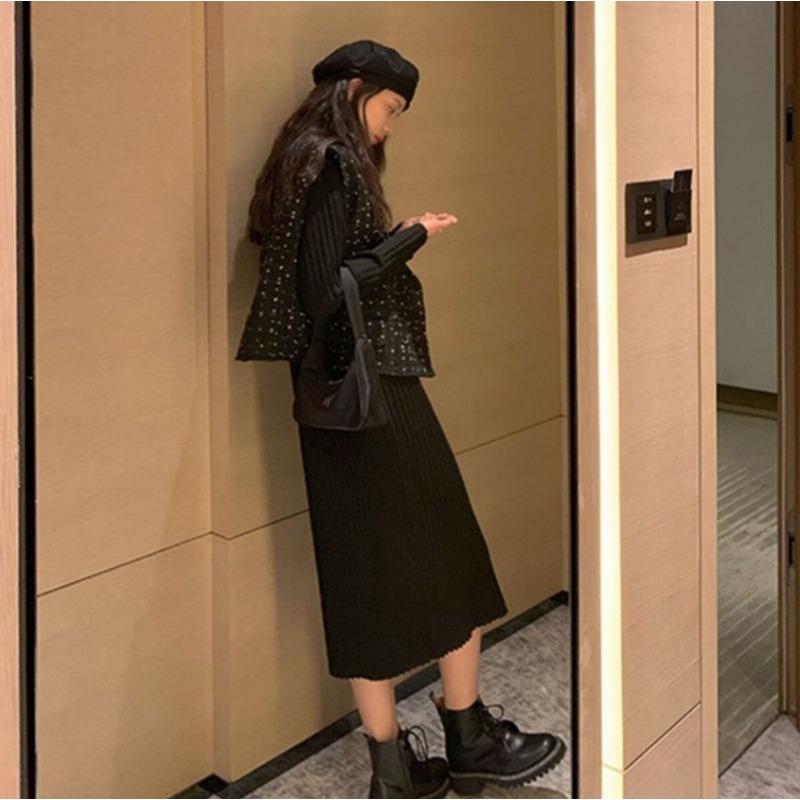 Spring New Retro Long Sleeve Bottom Skinny Black Sweater Knitted Dress Children Autumn and Winter