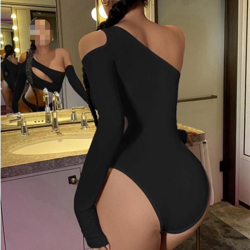 European and American women's crop exposed spicy girl slim fit long sleeved off shoulder solid color top