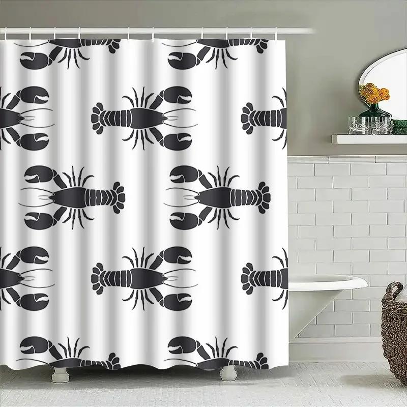 Whimsical Black Lobster Print Shower Curtain For Bathroom Decor White Fabric Waterproof Easy Install Shower Curtain Rings Includ