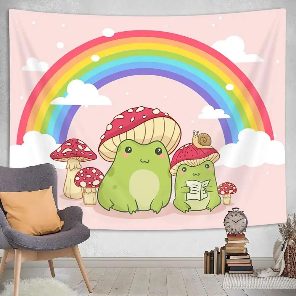 Cute Frog Tapestry Mushroom Tapestries Cartoon Animal Wall Hanging Tapestry for Girl Teen Funny Bedroom Living Room Dorm Decor