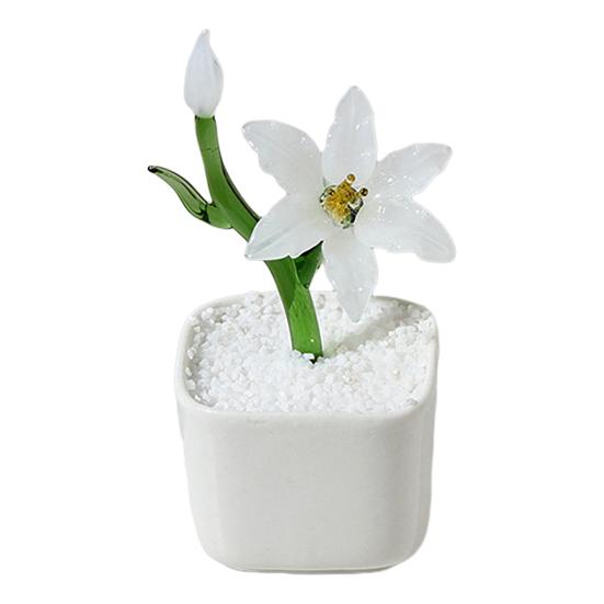 

Mini Glass Potted Flower Figurine Hand Blown Faux Crystal Artificial Lily Flower Collectible Ornament for Women Mom Wedding Home Table Centerpiece белый
